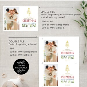 May include: A digital holiday card template featuring a family photo and text that reads JOY LOVE PEACE, we wish you a very merry CHRISTMAS and an even happier NEW YEAR. The layout includes single and double file print options with crop marks.