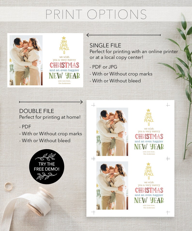 May include: A digital holiday card template featuring a family photo and text that reads JOY LOVE PEACE, we wish you a very merry CHRISTMAS and an even happier NEW YEAR. The layout includes single and double file print options with crop marks.