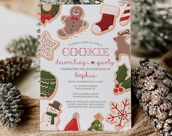 Puede incluir: Una tarjeta de invitación blanca con el tema de una fiesta de decoración de galletas. La tarjeta presenta varias ilustraciones de galletas y el texto "Únase a nosotros para una fiesta de decoración de galletas que celebra el décimo cumpleaños de Sophia".