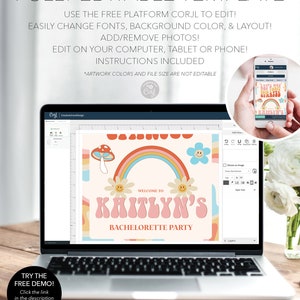 May include: A digital design template for a bachelorette party invitation. The design features a rainbow, flowers, mushrooms, and the text "Welcome to Kaitlyn's Bachelorette Party".