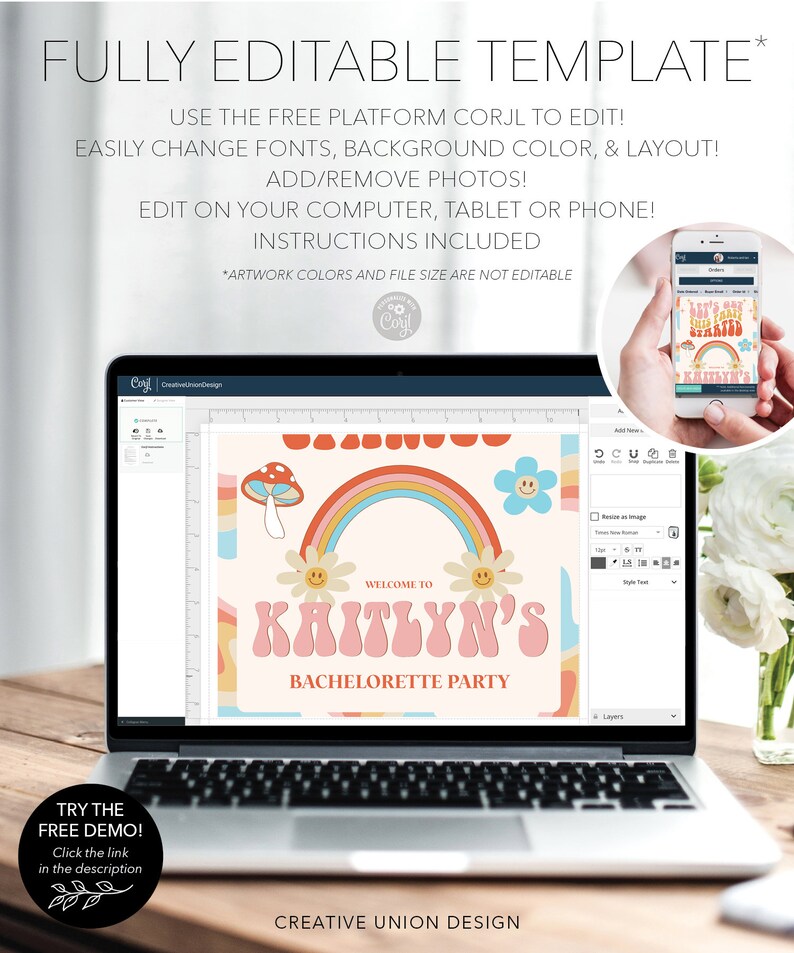May include: A digital design template for a bachelorette party invitation. The design features a rainbow, flowers, mushrooms, and the text "Welcome to Kaitlyn's Bachelorette Party".