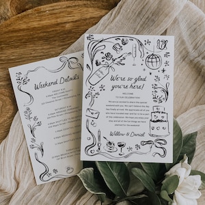 Plantilla de itinerario de boda dibujada a mano, carta de bienvenida para boda imprimible, información para invitados, orden del evento, caprichoso, destino
