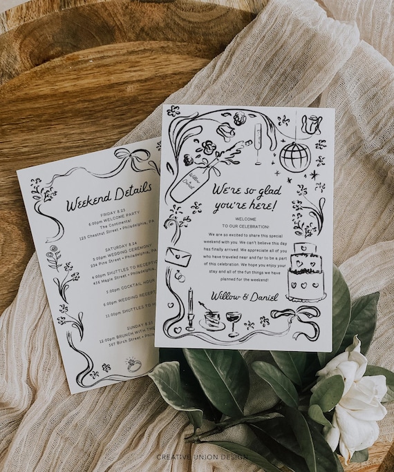 Hand Drawn Wedding Itinerary Template, Printable Wedding Welcome Bag Letter, Information for Guests, Order of Event, Whimsical, Destination