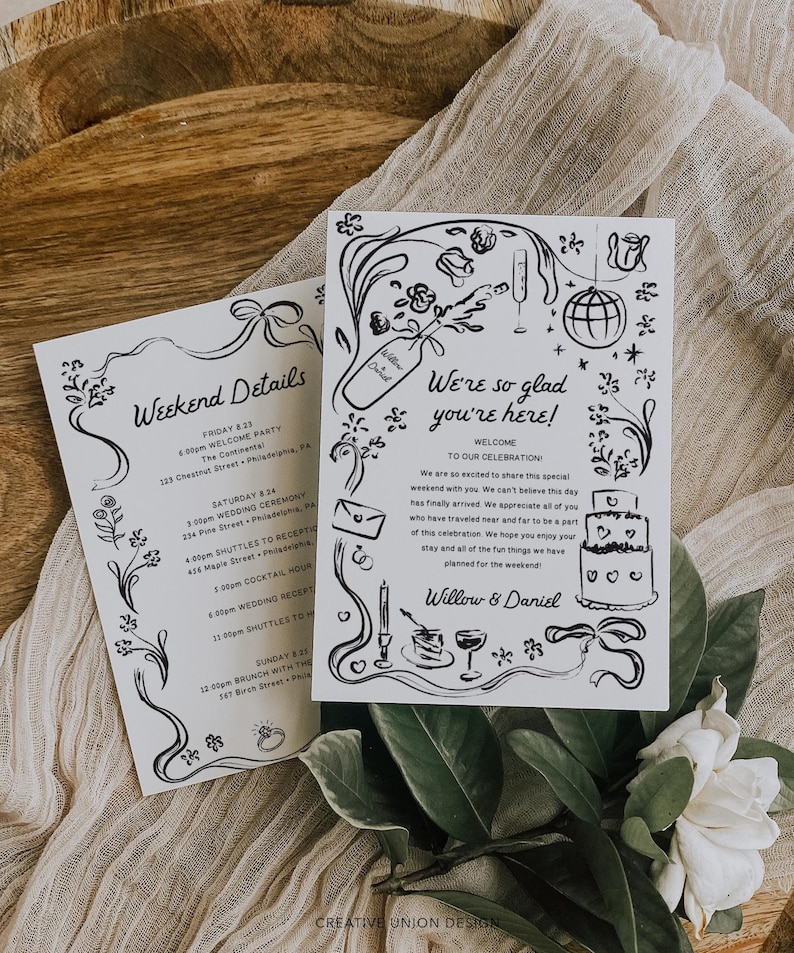editable timeline, instant download, minimalist wedding, minimalist welcome, modern welcome, order of events, timeline template, wedding itinerary, wedding timeline, wedding welcome, welcome bag note, welcome bag template, welcome letter, hand drawn