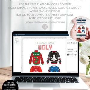 May include: A laptop screen displays a template for an "Ugly Sweater Party" invitation. The design includes four sweater illustrations and the phrase "It's About to Get Ugly." Additional text explains the template is fully editable.