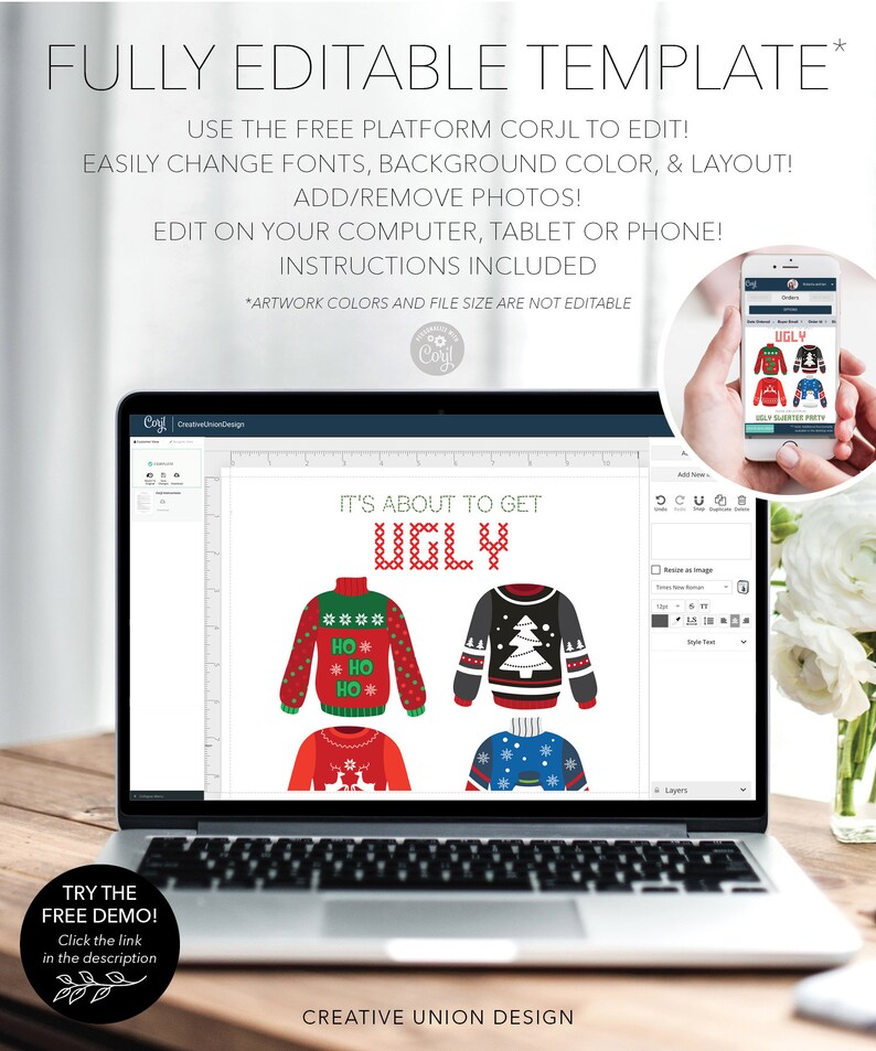 May include: A laptop screen displays a template for an "Ugly Sweater Party" invitation. The design includes four sweater illustrations and the phrase "It's About to Get Ugly." Additional text explains the template is fully editable.