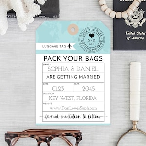 Plantilla para guardar la fecha, etiqueta para equipaje, plantilla para guardar la fecha, invitación para guardar la fecha imprimible, boda en destino, invitación para guardar la fecha única, boda en la playa