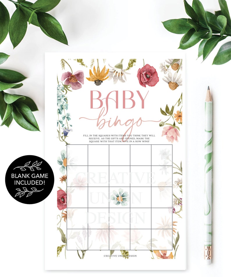 May include: A floral themed baby bingo card with a pink and white color scheme. The card has a grid with squares to fill in with items you think the baby will receive. The text "BABY bingo" is at the top of the card. The text "FILL IN THE SQUARES WITH ITEMS YOU THINK THEY WILL RECEIVE. AS THE GIFTS ARE OPENED, MARK THE SQUARE WITH THAT ITEM. FIVE IN A ROW WINS!" is below the title. The text "BLANK GAME INCLUDED!" is in a circle at the bottom left of the card.