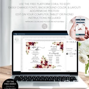 May include: A laptop displays a wedding invitation template with burgundy and white floral accents. The text reads "we do" and includes details for Jessica and Oliver's wedding. The screen also shows editing options. The image includes the text "FULLY EDITABLE TEMPLATE".