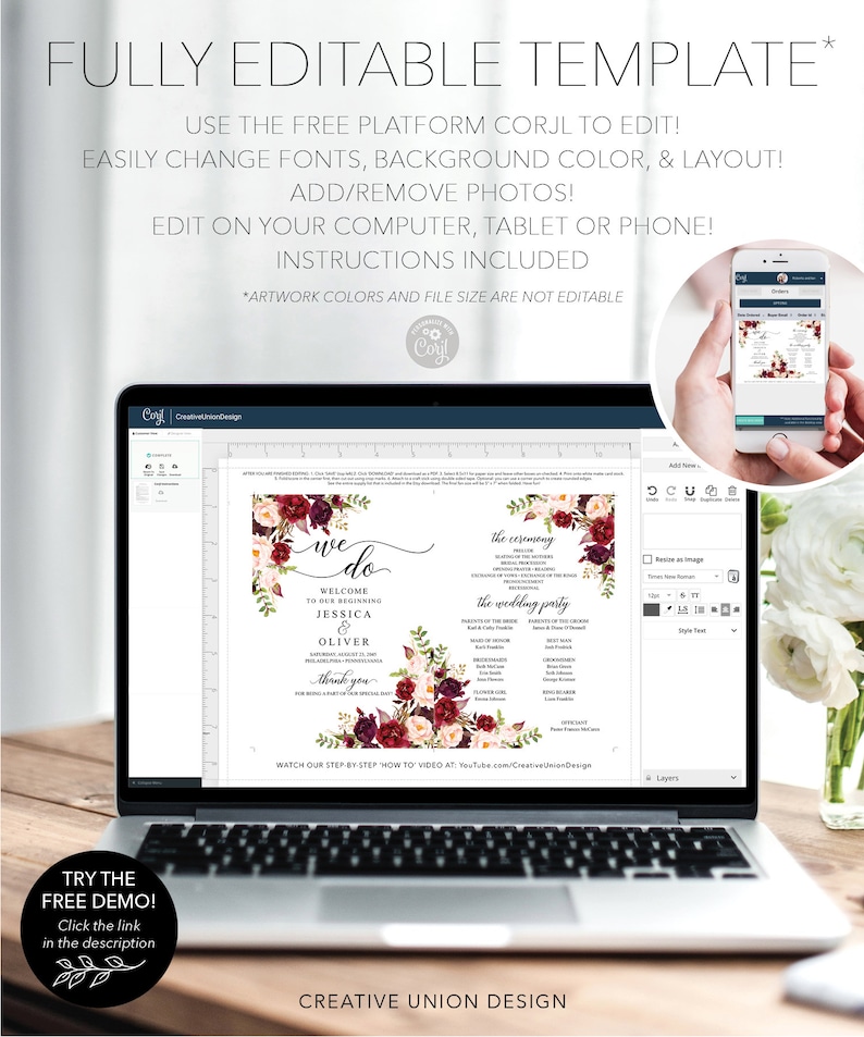 May include: A laptop displays a wedding invitation template with burgundy and white floral accents. The text reads "we do" and includes details for Jessica and Oliver's wedding. The screen also shows editing options. The image includes the text "FULLY EDITABLE TEMPLATE".