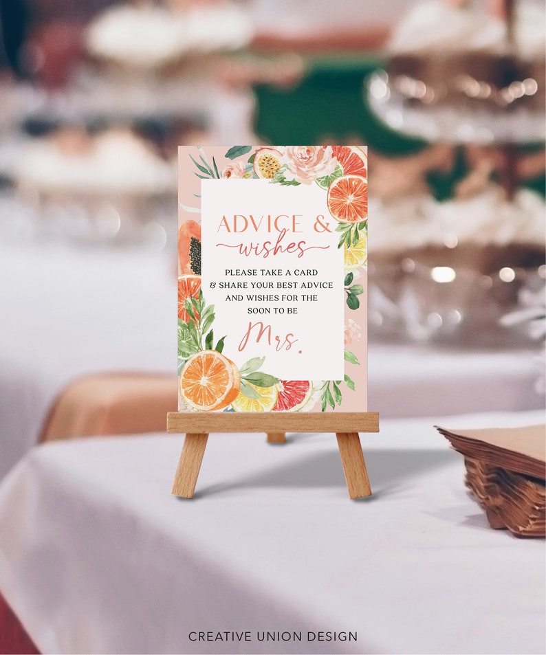 Advice and Wishes Template, Bridal Shower Game, Advice for the Bride, Advice, New Mrs, Wishes, Bridal Shower Sign, Tropical Citrus, Lemon image 3