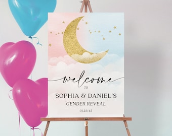 Vorlage für ein Willkommensschild zur Geschlechtsenthüllung, „Überglücklich“-Willkommensschild, Babyparty, Babyparty-Schild, Dekoration, bearbeitbar, Junge oder Mädchen, Rosa oder Blau