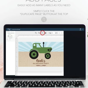 May include: A laptop screen displays a birthday party invitation design. The invitation features a green tractor illustration with the text "Noah's 4th Birthday Party." The screen also shows the text "Add Pages" and instructions on how to duplicate pages.