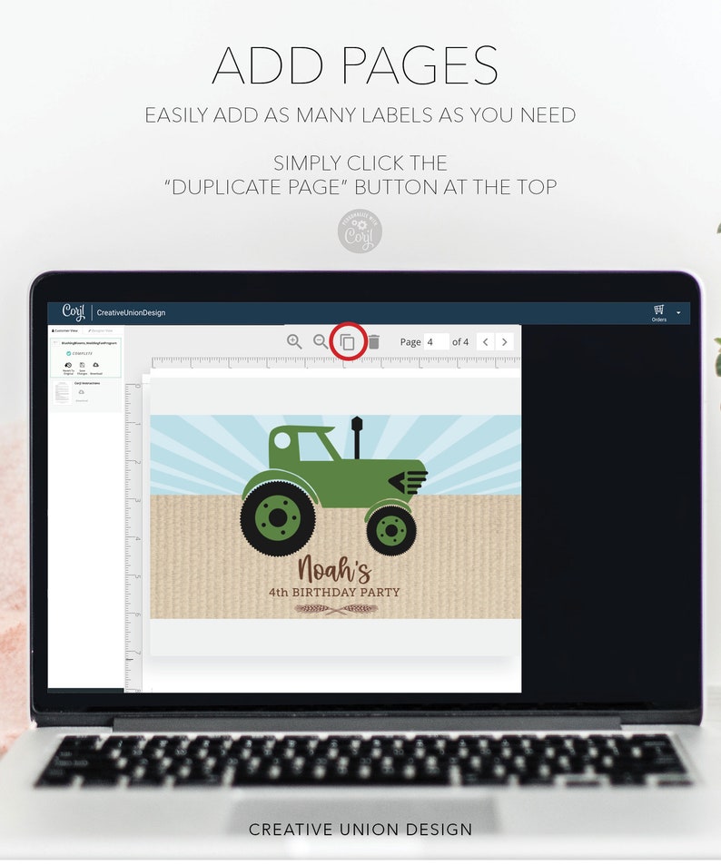 May include: A laptop screen displays a birthday party invitation design. The invitation features a green tractor illustration with the text "Noah's 4th Birthday Party." The screen also shows the text "Add Pages" and instructions on how to duplicate pages.
