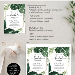 May include: Printable bridal shower invitation template with a tropical theme. The invitation features a gold hexagon with green watercolor leaves and the text "Please join us for a bridal shower honoring Keitlyn Williams".
