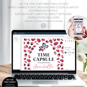 May include: A digital mockup of a printable time capsule label with a strawberry pattern. The label says "Time Capsule" and "To be opened when Annabelle".