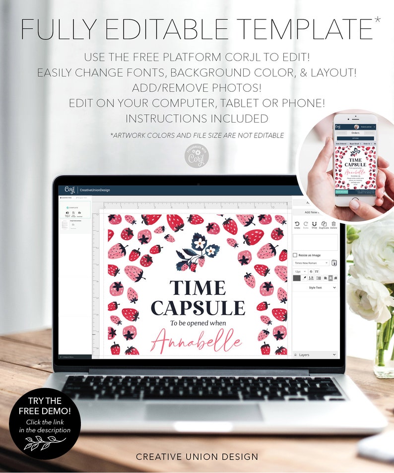 May include: A digital mockup of a printable time capsule label with a strawberry pattern. The label says "Time Capsule" and "To be opened when Annabelle".