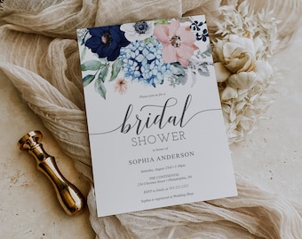 Navy Blooms Bridal Shower Invite Template, Floral Bridal Shower, Elegant Printable Bridal Shower Invitation, Instant Download, Hydrangea