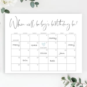 Modern Baby Shower Due Date Calendar, Baby Shower Birthday Prediction Calendar, Editable, Printable Decor, Baby Shower Games, Minimal Script