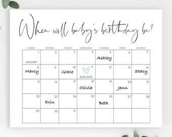 Modern Baby Shower Due Date Calendar, Baby Shower Birthday Prediction Calendar, Editable, Printable Decor, Baby Shower Games, Minimal Script