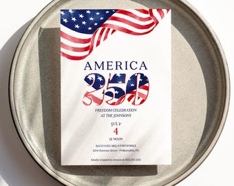 America 250 Patriotic 4th of July Party Invite Template | July 4th BBQ | Summer Party Invitation
