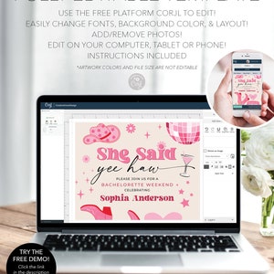 May include: A digital template for a bachelorette party invitation. The invitation is pink and white with a cowgirl hat, a disco ball, and a martini glass. The text on the invitation reads "She Said Yee Haw" and "Please join us for a bachelorette weekend celebrating Sophia Anderson".