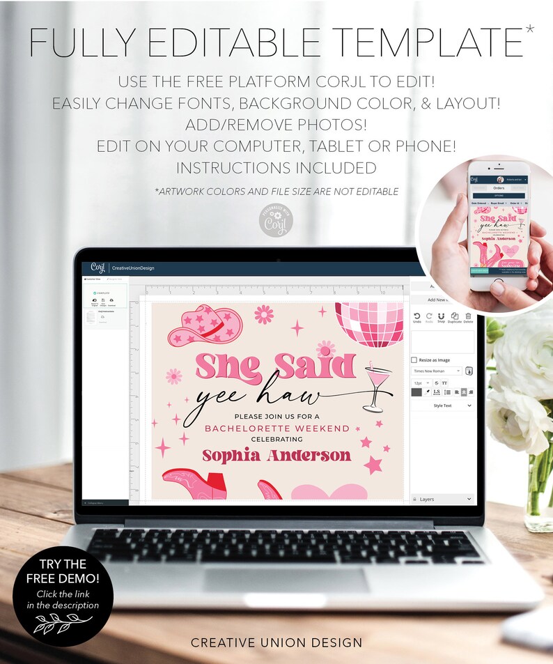 May include: A digital template for a bachelorette party invitation. The invitation is pink and white with a cowgirl hat, a disco ball, and a martini glass. The text on the invitation reads "She Said Yee Haw" and "Please join us for a bachelorette weekend celebrating Sophia Anderson".
