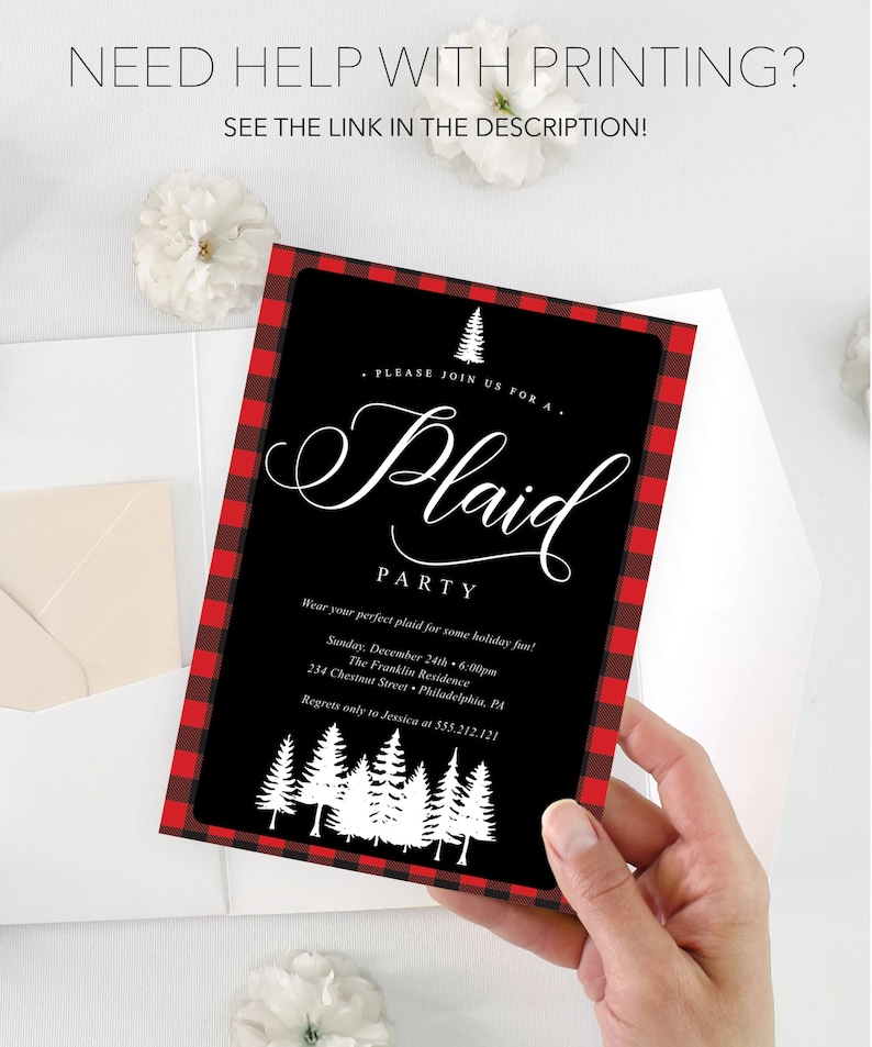 May include: A black invitation with a red and black plaid border. The invitation reads "Plaid Party" in white script. The text "Wear your perfect plaid for some holiday fun!" is also included.
