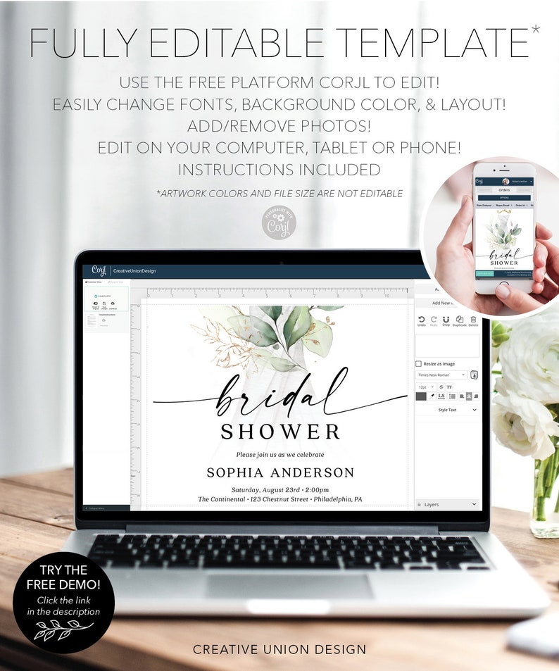 May include: A laptop screen displaying a customizable bridal shower invitation template with a watercolor background and gold accents. The text on the invitation reads "bridal shower" and includes the name "Sophia Anderson" and the date and time of the event. The text "TRY THE FREE DEMO!" is visible on the bottom left of the image.