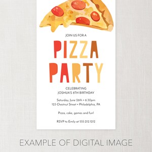 Puede incluir: Una invitaci&oacute;n colorida para una fiesta de pizza celebrando el octavo cumplea&ntilde;os de Joshua. La invitaci&oacute;n presenta una ilustraci&oacute;n de acuarela de una rebanada de pizza con pepperoni y queso. El texto "JOIN US FOR A PIZZA PARTY" est&aacute; en letras grandes y coloridas. La invitaci&oacute;n incluye la fecha, la hora, la ubicaci&oacute;n y la informaci&oacute;n de RSVP.