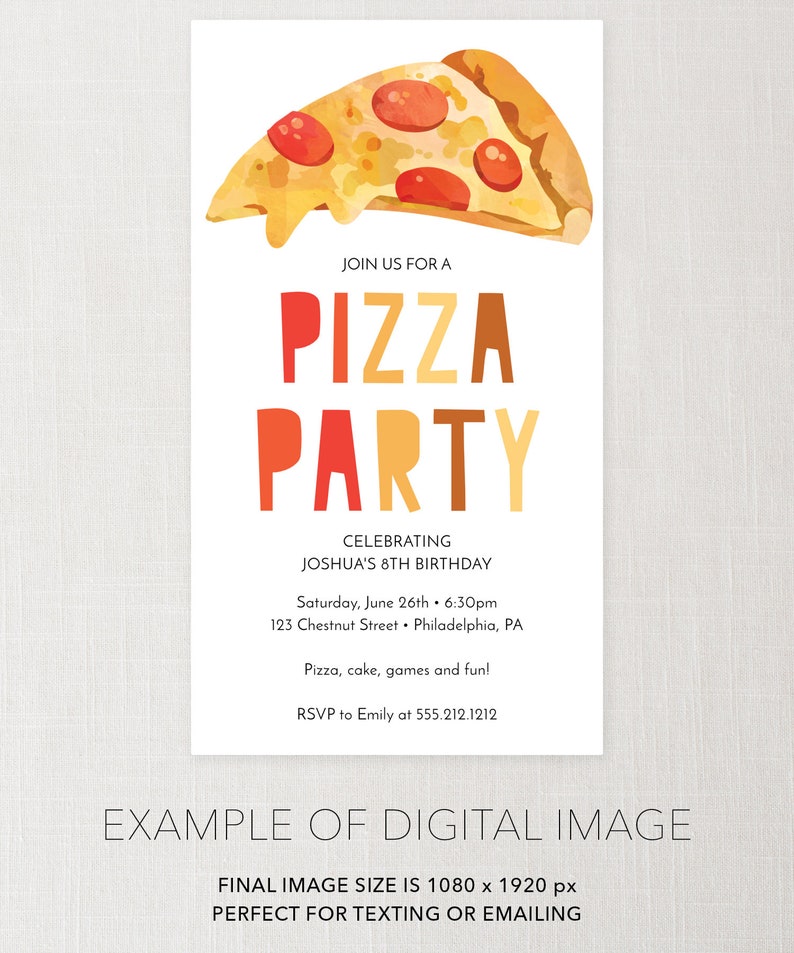 Puede incluir: Una invitaci&oacute;n colorida para una fiesta de pizza celebrando el octavo cumplea&ntilde;os de Joshua. La invitaci&oacute;n presenta una ilustraci&oacute;n de acuarela de una rebanada de pizza con pepperoni y queso. El texto "JOIN US FOR A PIZZA PARTY" est&aacute; en letras grandes y coloridas. La invitaci&oacute;n incluye la fecha, la hora, la ubicaci&oacute;n y la informaci&oacute;n de RSVP.