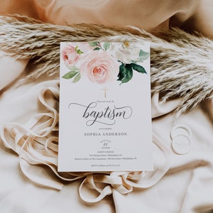 Baptism Invite, Baptism Invitation Girl, Girl Baptism Invitation, Baptism Invitations, Editable Printable, Text, Digital, Blushing Blooms