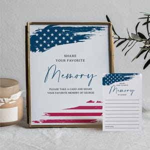 Compartilhe um modelo de cartão de memória, memória favorita personalizada, cartão memorial, cartão de funeral de lembrança, alternativa de livro de visitas, bandeira americana, faça você mesmo