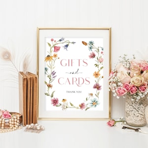 Cadeaux et cartes de visite, fichier de signe de douche nuptiale bohème, imprimable, douche nuptiale, décoration florale de douche nuptiale, table cadeau, champ de fleurs sauvages