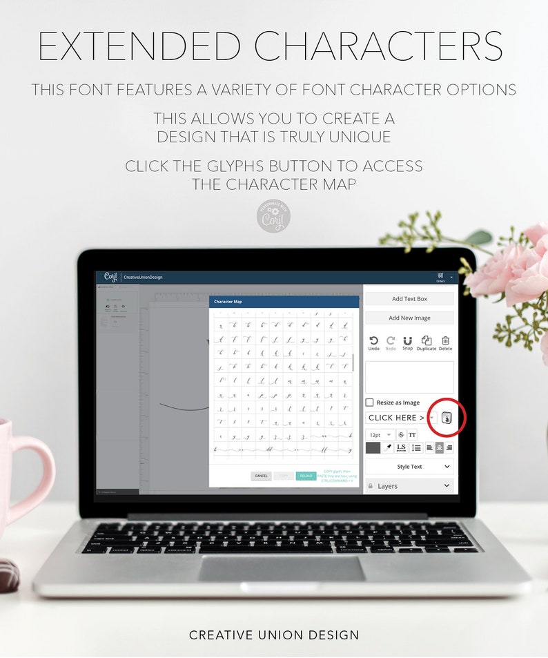 May include: A laptop computer screen displaying a character map for a font. The character map shows a variety of handwritten letters and symbols. The screen also shows a button labeled "CLICK HERE" with an arrow pointing to the right. The text "EXTENDED CHARACTERS" is displayed at the top of the screen.