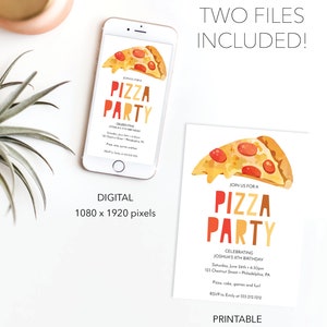 Puede incluir: Invitaci&oacute;n imprimible y digital para una fiesta de pizza. La invitaci&oacute;n presenta una ilustraci&oacute;n de acuarela de una rebanada de pizza en colores rojo, amarillo y naranja. El texto de la invitaci&oacute;n dice "&Uacute;nete a nosotros para una fiesta de pizza celebrando el octavo cumplea&ntilde;os de Joshua".