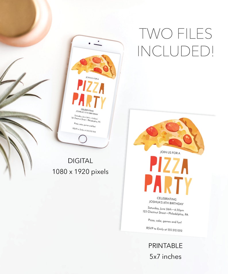 Puede incluir: Invitaci&oacute;n imprimible y digital para una fiesta de pizza. La invitaci&oacute;n presenta una ilustraci&oacute;n de acuarela de una rebanada de pizza en colores rojo, amarillo y naranja. El texto de la invitaci&oacute;n dice "&Uacute;nete a nosotros para una fiesta de pizza celebrando el octavo cumplea&ntilde;os de Joshua".