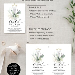 May include: Printable bridal shower invitation template with a watercolor illustration of a white dress with green leaves. The text "bridal shower" is written in cursive script. The invitation includes the text "Sophia Anderson" and the date and time of the shower. The invitation is available in single file or multiples per page options.