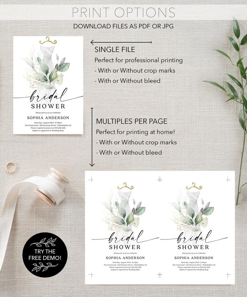 May include: Printable bridal shower invitation template with a watercolor illustration of a white dress with green leaves. The text "bridal shower" is written in cursive script. The invitation includes the text "Sophia Anderson" and the date and time of the shower. The invitation is available in single file or multiples per page options.