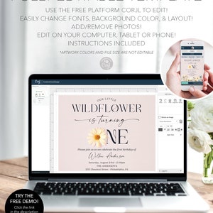 May include: A pink and white digital invitation for a first birthday party. The invitation features a daisy with a yellow center and white petals, the text "Our Little Wildflower is turning One", and the name "Willow Anderson".