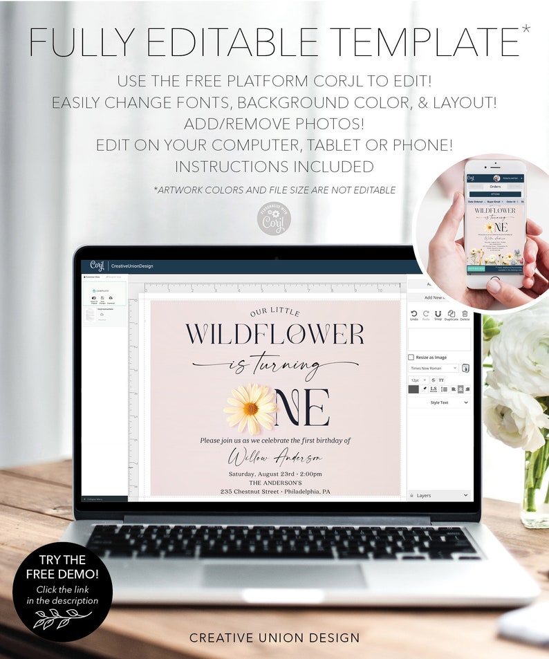 May include: A pink and white digital invitation for a first birthday party. The invitation features a daisy with a yellow center and white petals, the text "Our Little Wildflower is turning One", and the name "Willow Anderson".