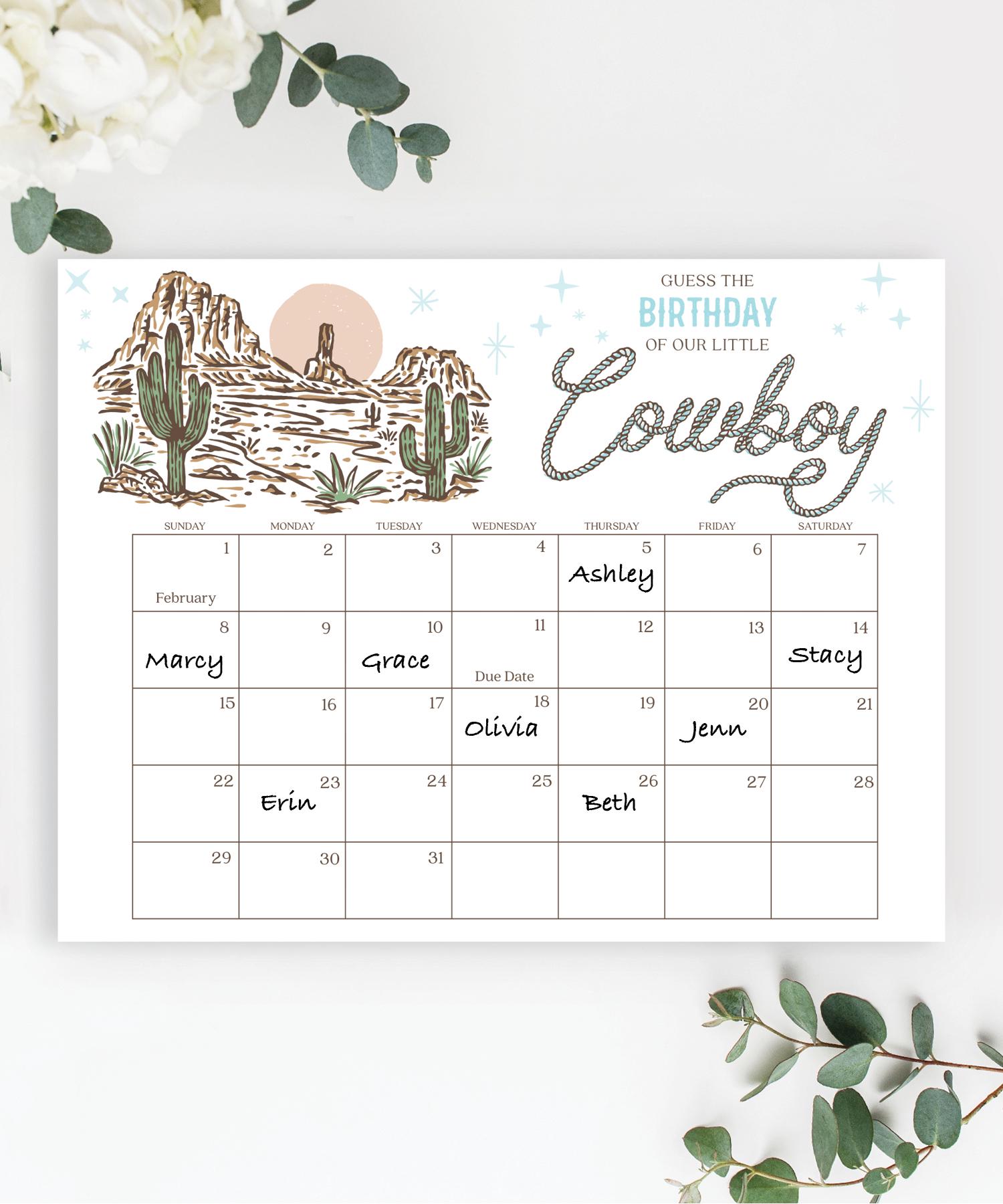 Baby Due Date Calendar Sign Template, Guess the Birthday, Baby Shower Game, Instant Download, Western Cowboy, Boy Baby Shower, Rodeo