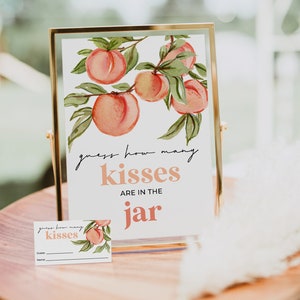 Hoeveel kussen spelsjabloon, perzik babyshowerspel, kusspel, bord en kaarten, zomerdecor babyshower, afdrukbaar, zoete perzik, snoep