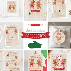 May include: A collection of gingerbread-themed baby shower and gender reveal party supplies. Includes invitations, bingo cards, a welcome sign, and thank you tags. The designs feature gingerbread people with red and green accents.
