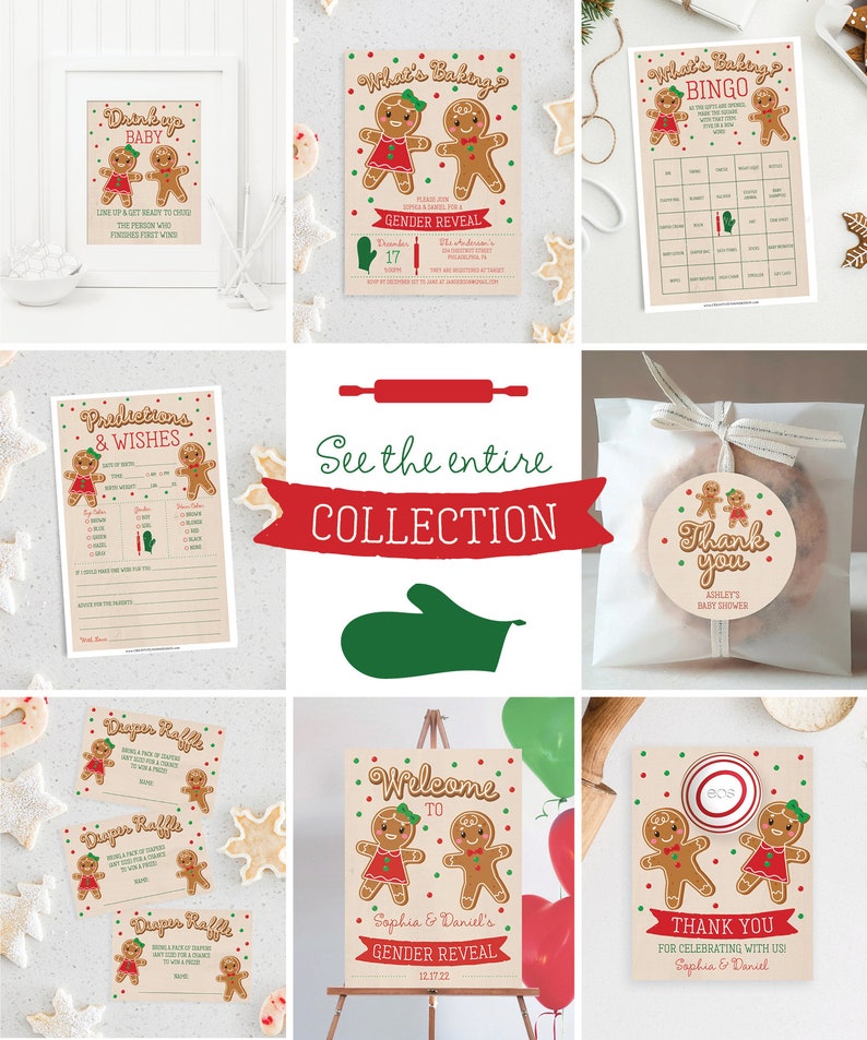 May include: A collection of gingerbread-themed baby shower and gender reveal party supplies. Includes invitations, bingo cards, a welcome sign, and thank you tags. The designs feature gingerbread people with red and green accents.