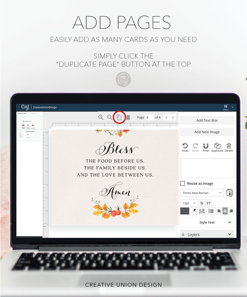 May include: A laptop screen displaying a design program with a page showing a Thanksgiving themed card with the text "Bless the food before us. The family beside us. And the love between us. Amen." The card features a wreath of fall leaves and berries.