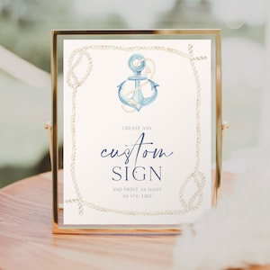 Nautical Beach Custom Sign Template, Editable Couples Shower Sign, Favors, Bridal Shower Sign, Printable Table Signs, Tie the Knot