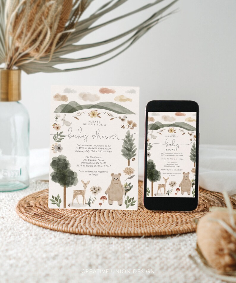 May include: A baby shower invitation with a woodland theme. The invitation features a watercolor illustration of a forest with a bear, deer, and a rabbit. The text on the invitation reads "Please join us for a baby shower" and includes the names Olivia & Mason Anderson, the date and time of the shower, the location, and the RSVP information. The invitation also includes the text "Baby Anderson is registered at Target."