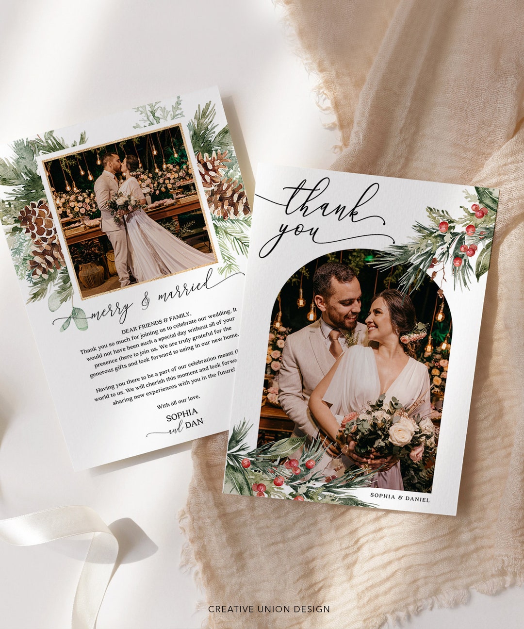 Elegant Watercolor Christmas Thank You Card, Wedding Thank You Card