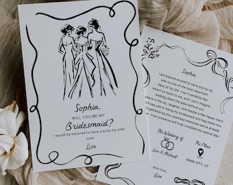 Bridesmaid Proposal Card Template, Will You Be My Bridesmaid, Hand Drawn Bridesmaid Card, Bridesmaid Gifts, Wedding, Personalized, Card